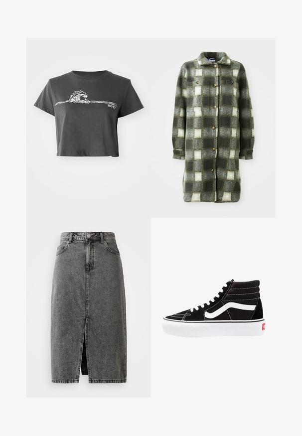 Grün-graue Karottenhemdjacke aus weichem Flanell, mit einem Kragen, durchgehender Knopfleiste und zwei Brusttaschen mit goldenen Knöpfen.; Dunkelgraues, kurzes T-Shirt mit stilisierter Welle, Palmen-Grafik und dem Text "ROXY" auf der Vorderseite.; Hochgeschnittene, ausgebleichte schwarze Denim-Midirock mit vorderem Schlitz, Gürtelschlaufen und klassischem Fünf-Taschen-Design.; Schwarze High-Top-Sneaker mit weißen Schnürsenkeln, einem weißen Logo und kontrastierendem weißen Nähten. Verfügt über eine dicke weiße Sohle und ein strukturiertes Wildleder-Obermaterial.