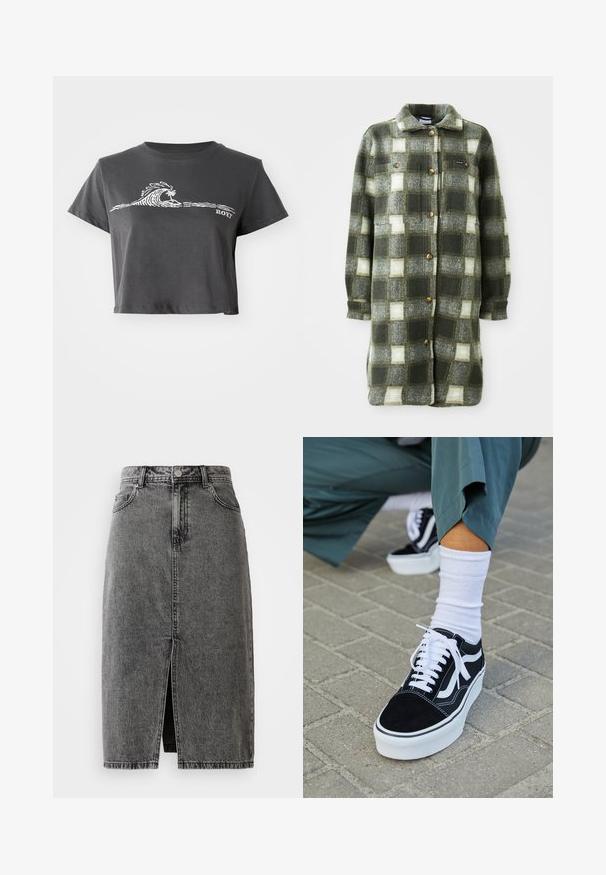 Grøn og grå ternet skjortejakke lavet af blød flannel, med krave, knaplukning fortil og to brystlommer med gyldne knapper.; Mørkegrå cropped T-shirt med hvid stiliseret bølge, palmetræ grafik og "ROXY" tekst på forsiden.; Højtaljet, falmet sort denim midi-nederdel med en frontslids, bæltesløjfer og klassisk fem-lomme design.; Sorte ruskinds sneakers med hvide accenter og snørebånd, der har en tyk hvid sål og kontrasterende syninger, parret med en hvid sok.