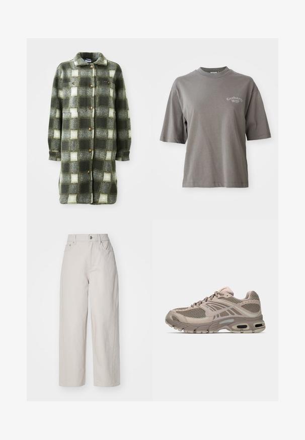 Groen en grijs geruite shirtjacket van zachte flanel, met een kraag, knoopsluiting aan de voorkant en twee borstzakken met gouden knopen.; Grijze katoenen T-shirt met korte mouwen, ronde hals en een klein Carhartt WIP-logo gedrukt op de voorkant. Soepele textuur, losvallende pasvorm.; Beige wijde katoenbroek met hoge taille, knoop- en ritssluiting, en vier zakken; zachte textuur met denimafwerking.; Beige sportschoen met bovenwerk van mesh, gevormde accenten, ronde neus en zichtbare luchtkussens in de zool. Veters in een neutrale tint.