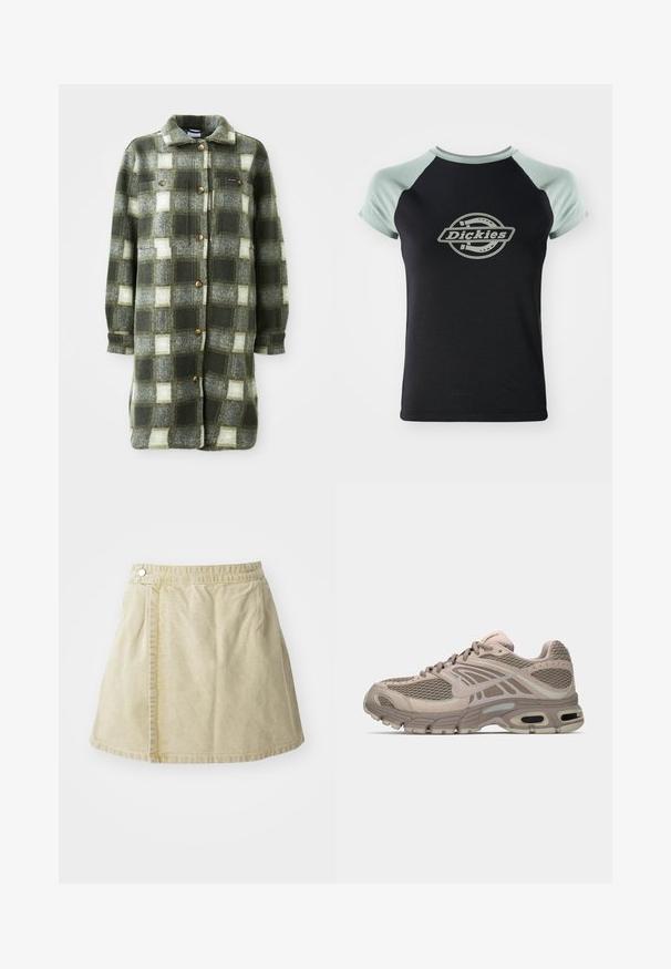Chaqueta de camisa a cuadros en verde y gris, fabricada en suave franela, con un cuello con solapa, cierre de botones en la parte delantera y dos bolsillos en el pecho con botones dorados.; Camiseta negra con mangas raglán verde claro. Presenta un logo circular central con el texto "Dickies" en un diseño de cuerda. Textura de tela suave.; Minifalda caqui hecha de tela suave, con un cierre de botón lateral, textura lisa y una silueta ligeramente acampanada con un dobladillo por encima de la rodilla.; Zapatilla deportiva beige con parte superior de malla, acentos moldeados, punta redondeada y amortiguación de aire visible en la suela. Cintas en tono neutro.