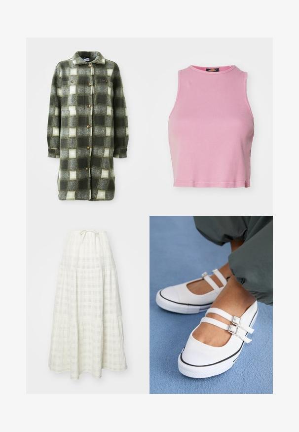 Veste en flanelle à carreaux verts et gris, douce au toucher, avec un col, une fermeture à boutons sur le devant et deux poches poitrine ornées de boutons dorés.; Crop top rose à côtes avec un col rond et un design sans manches. Se termine juste au-dessus de la taille.; Jupe longue blanche en tissu texturé, avec un motif à carreaux, un design à volants et un lien ajusté à la taille.; Baskets blanches en toile avec deux sangles ajustables, bout noir et semelle en caoutchouc texturé. Portées avec un pantalon vert ample sur une surface bleue.
