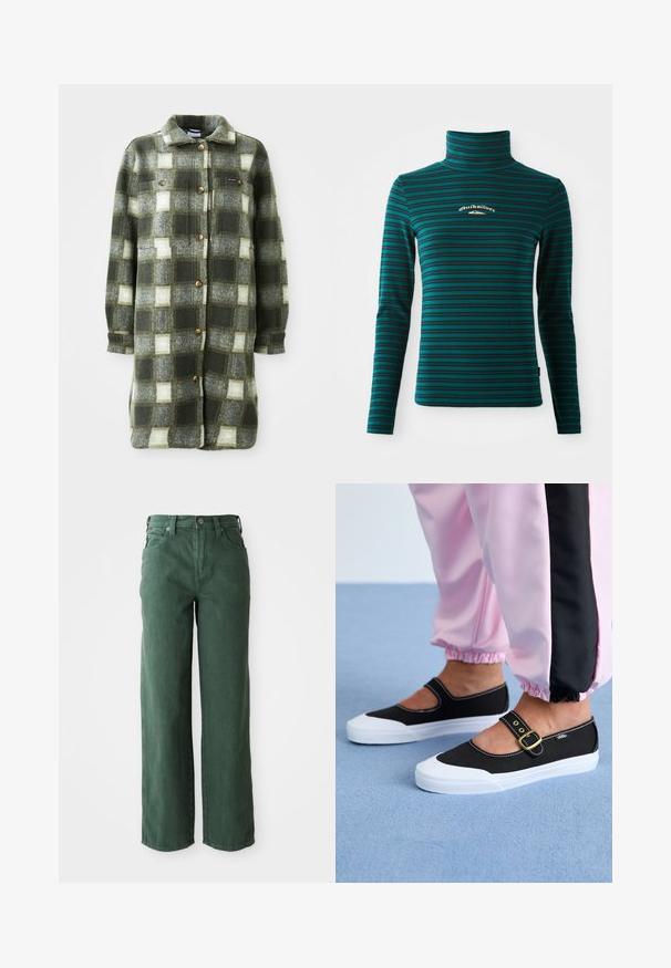 Chaqueta de camisa a cuadros en verde y gris, fabricada en suave franela, con un cuello con solapa, cierre de botones en la parte delantera y dos bolsillos en el pecho con botones dorados.; Top de cuello alto de manga larga en color teal con rayas horizontales en azul oscuro. Presenta un pequeño logo en blanco y dorado en el pecho. Tejido suave y elástico.; Vaqueros verdes de pierna ancha hechos de denim. Presentan una cintura alta, piernas rectas, bolsillos frontales y cierre de botón metálico.; Zapatillas de lona negras con suela blanca, con un diseño recortado y una correa con hebilla dorada. Combinadas con pantalones de chándal rosas.