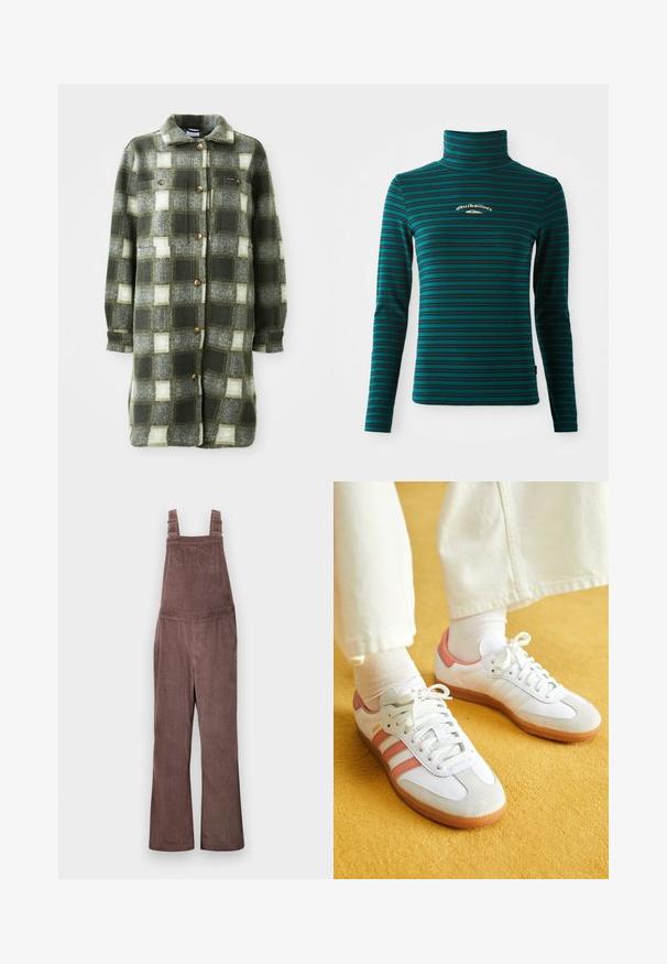 Chaqueta de camisa a cuadros en verde y gris, fabricada en suave franela, con un cuello con solapa, cierre de botones en la parte delantera y dos bolsillos en el pecho con botones dorados.; Top de cuello alto de manga larga en color teal con rayas horizontales en azul oscuro. Presenta un pequeño logo en blanco y dorado en el pecho. Tejido suave y elástico.; Pantalones de tirantes de pana marrones con tirantes ajustables, piernas anchas y textura de estrías verticales. Presenta bolsillos laterales y un ajuste relajado.; Zapatillas deportivas blancas con acentos en rosa, materiales de ante y cuero, punta redonda y suela de goma, mostradas con calcetines de color claro sobre un fondo amarillo.