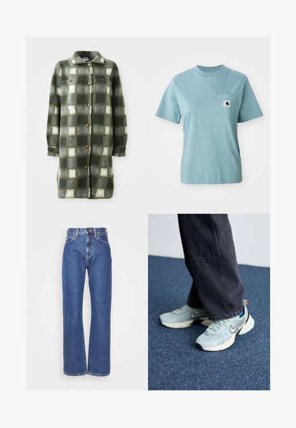 Grün-graue Karottenhemdjacke aus weichem Flanell, mit einem Kragen, durchgehender Knopfleiste und zwei Brusttaschen mit goldenen Knöpfen.; Helles blaues, kurzärmliges Baumwoll-T-Shirt mit Brusttasche, das mit einem kleinen schwarz-weißen Carhartt-Logo-Patch versehen ist.; Blaue Denim-Jeans mit weitem Bein, hoher Taille, Kontrastnähten und klassischem Fünf-Taschen-Design. Strukturierter Stoff mit glatter Oberfläche.; Himmelblaue Mesh-Nike-Sneaker mit strukturiertem Finish, schwarzem Swoosh und cremefarbener Zwischensohle, kombiniert mit dunkelgrauen weiten Hosen.