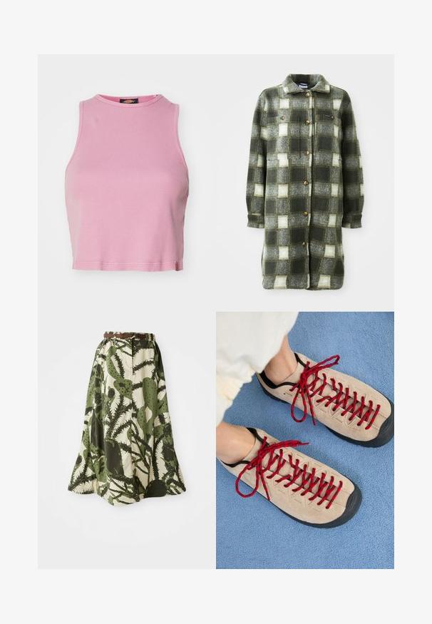 Roheline ja hall ruuduline särgifrakta, mis on valmistatud pehmest flanellist, millel on kaelus, nööpidega eesosa ja kaks rinnataskut kuldsete nuppudega.; Roosa ribaga lühike topp ümmarguse kaeluse ja lühikeste varrukateta disainiga. Omab hemii, mis lõpeb just vöökoha kohal.; Pikk seelik, millel on kaktuse print roheline ja kreemi tooni, kitsendatud vöökoht ning pruun vöö kinnitamiseks.; Beezhikirid punased nööridega, paigutatud sinisele tekstureeritud pinnale, osaliselt paljastavad inimese pahkluu. Kingad on sportliku disainiga.