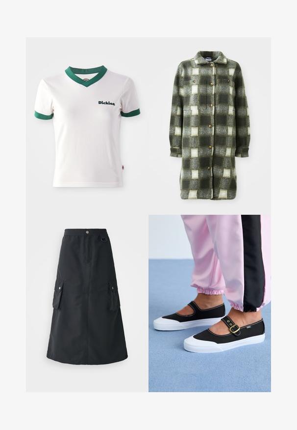 Chaqueta de camisa a cuadros en verde y gris, fabricada en suave franela, con un cuello con solapa, cierre de botones en la parte delantera y dos bolsillos en el pecho con botones dorados.; Camiseta de algodón blanca de manga corta con cuello en V y ribetes verdes; cuenta con el logo de "Dickies" en verde oscuro en el lado izquierdo del pecho. Textura de algodón suave.; Falda negra a la mitad de la pantorrilla, elaborada con un tejido ligero, cuenta con una cinturilla elástica, dos bolsillos cargo y un sutil brillo.; Zapatillas de lona negras con suela blanca, con un diseño recortado y una correa con hebilla dorada. Combinadas con pantalones de chándal rosas.