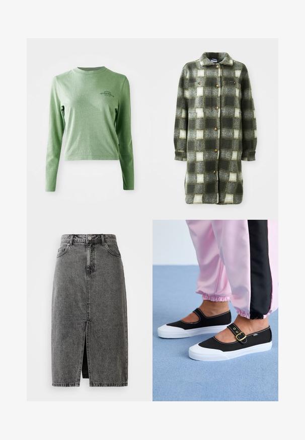 Groen en grijs geruite shirtjacket van zachte flanel, met een kraag, knoopsluiting aan de voorkant en twee borstzakken met gouden knopen.; Lichtgroene longsleeve t-shirt van zacht katoen, met een ronde hals en een klein bedrukt logo aan de bovenlinkerzijde.; Hoge taille, vervaagde zwarte denim midi-jurk met een split aan de voorkant, riemlussen en een klassieke vijf-pocket ontwerp.; Zwarte canvas schoenen met een witte zool, met een uitgesneden ontwerp en een gouden gespband. Draagt met roze joggingsbroek.