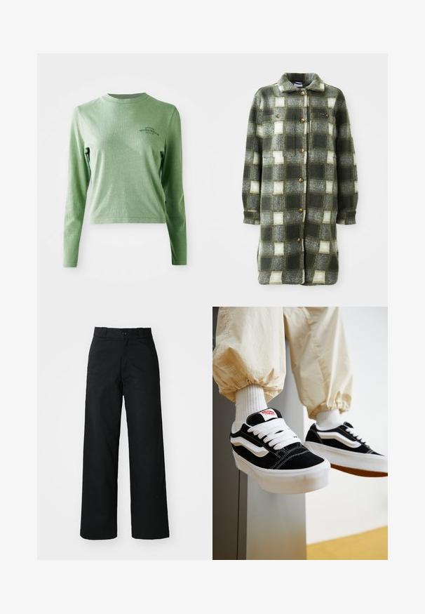 Groen en grijs geruite shirtjacket van zachte flanel, met een kraag, knoopsluiting aan de voorkant en twee borstzakken met gouden knopen.; Lichtgroene longsleeve t-shirt van zacht katoen, met een ronde hals en een klein bedrukt logo aan de bovenlinkerzijde.; Zwarte wijde broek met een vlakke voorkant, knoopsluiting en riemlussen. Gemaakt van stevige stof met een gladde textuur.; Persoon die zwart-witte Vans sneakers draagt met witte veters, witte sokken en beige broek met elastische manchetten.