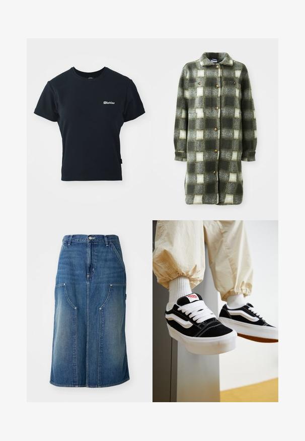 Grün-graue Karottenhemdjacke aus weichem Flanell, mit einem Kragen, durchgehender Knopfleiste und zwei Brusttaschen mit goldenen Knöpfen.; Schwarzes Baumwoll-T-Shirt mit kurzen Ärmeln, Rundhalsausschnitt und kleinem weißen gesticktem Logo auf der Brust. Klassisches, tailliertes Design.; Blauer Jeansrock mit geradem Schnitt, vorderen Taschen und einem Bund mit Knopfverschluss, der eine verblasste Textur und Nahtdetails aufweist.; Person, die schwarz-weiße Vans-Sneaker mit weißen Schnürsenkeln, weißen Socken und beigen Hosen mit elastischen Bündchen trägt.
