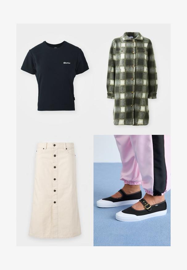 Grün-graue Karottenhemdjacke aus weichem Flanell, mit einem Kragen, durchgehender Knopfleiste und zwei Brusttaschen mit goldenen Knöpfen.; Schwarzes Baumwoll-T-Shirt mit kurzen Ärmeln, Rundhalsausschnitt und kleinem weißen gesticktem Logo auf der Brust. Klassisches, tailliertes Design.; Beiger kniehoher Jeansrock mit schwarzen Knöpfen vorne, Gürtelschlaufen und Seitentaschen vor einem schlichten weißen Hintergrund.; Schwarze Leinenschuhe mit einer weißen Sohle, die ein Ausschnittdesign und einen goldenen Schnallenriegel aufweisen. Getragen mit rosa Sporthosen.
