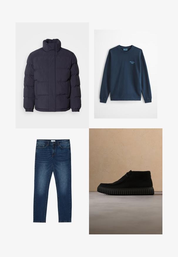 Marine pufferjack met een hoge kraag, gewatteerde textuur en ribbelmanchetten. Voorzien van een ritssluiting aan de voorkant en twee zijzakken.; Lichtblauwe sweatshirts met ronde hals en lange mouwen, met een klein "Marc O'Polo Denim" logo op de linkerborst.; Donkerblauwe slim-fit jeans met vervaagde details, klassiek vijf-pocket ontwerp, knoopsluiting en riemlussen.; Zwarte enkelboots van zacht materiaal, met een ronde neus, minimale veters en een gestructureerde rubberen zool met verticale groeven.
