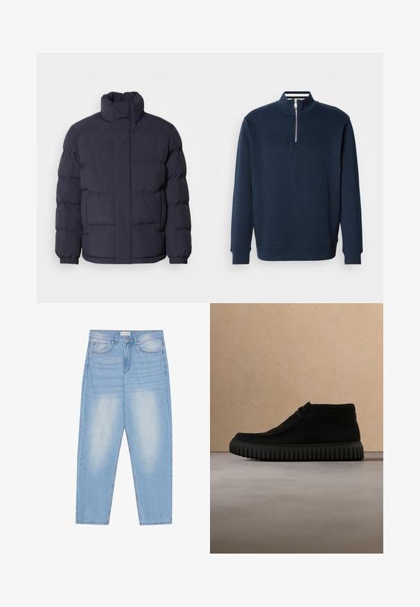 Marineblå pufferjakke med høj krave, quiltet tekstur og ribbede manchetter. Har en frontlynlås og to sidelommer.; Marineblå sweatshirt med høj krave og halvlukning med lynlås. Fremstillet af blødt stof med ribstrikkede ærmeafslutninger og kant for en tætsiddende pasform.; Lyseblå denimjeans med en afslappet pasform, der har fem lommer, subtil falming og syninger langs sømmene.; Sorte ankelstøvler lavet af blødt materiale, med rund tå, minimal snøring og en tekstureret gummisål med lodrette riller.