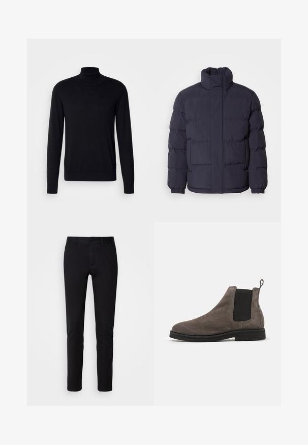 Veste matelassée navy avec un col haut, texture matelassée et poignets côtelés. Caractéristiques d'une fermeture éclair devant et de deux poches latérales.; Pull à col montant noir en tissu doux. Doté de manches longues, d'un col et de poignets côtelés, avec une texture lisse et sans motifs.; Pantalons noirs en coton lisse, avec une coupe droite, des poches avant, une fermeture à bouton et une finition soignée.; Bottine Chelsea en daim gris avec des panneaux latéraux élastiques, bout arrondi et languette. Semelle en caoutchouc noir plate. Design simple et élégant.
