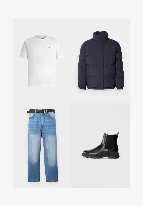 Marineblå pufferjakke med høj krave, quiltet tekstur og ribbede manchetter. Har en frontlynlås og to sidelommer.; Hvid kortærmet t-shirt med rund hals og lille sort tekstlogo "Marc O'Polo DENIM" på øverste venstre bryst.; Lys blå denim jeans med lige ben, udstyret med et sort bælte, falmede pletter og subtil diagonalt mønster i den øverste sektion.; Sorte læder Chelsea-boots med elastiske paneler, rund tå og tekstureret gummisål. Har en løkkering bagpå for nem påklædning.