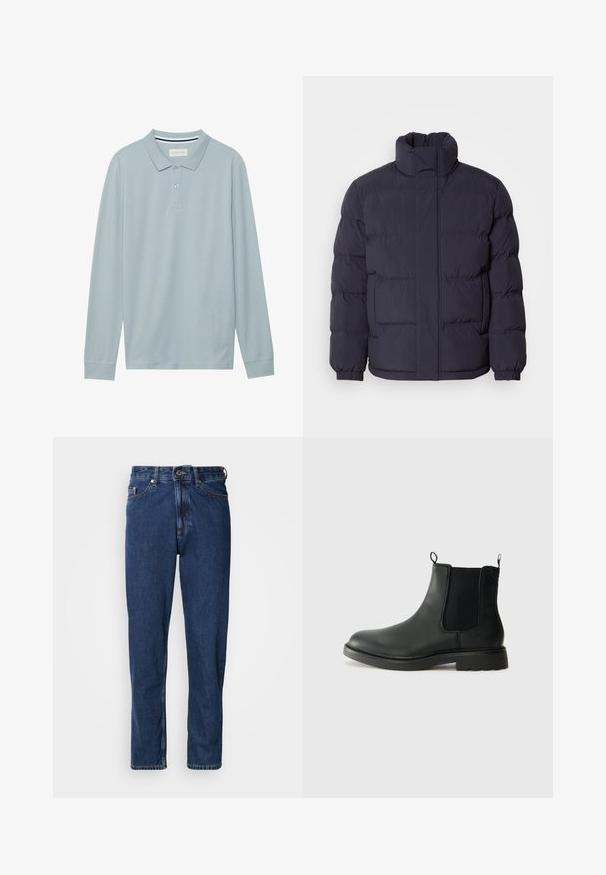 Marine pufferjack met een hoge kraag, gewatteerde textuur en ribbelmanchetten. Voorzien van een ritssluiting aan de voorkant en twee zijzakken.; Lange mouw polo shirt in lichtblauw met een vlakke kraag, een drieknoopssluiting en een subtiele textuur. Beschikt over een gestreepte binnenkraag.; Donkerblauwe spijkerbroek gemaakt van denim, met een rechte pijp, vijfzakkenontwerp en zichtbare stiksels langs de naden.; Zwarte leren chelsea boots met elastische zijpanelen, trekflappen, ronde neus en een gegoten rubberen zool. Gladde oppervlakte en stevige constructie.