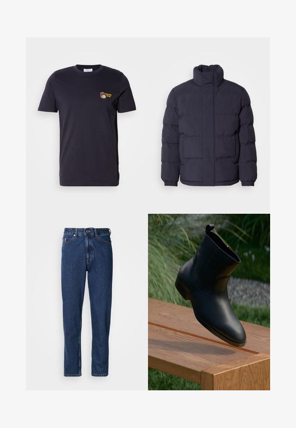 Marineblaue Steppjacke mit hohem Kragen, gestepptem Textil und gerippten Bündchen. Mit einem Frontreißverschluss und zwei Seitentaschen.; Dunkelblaues Baumwoll-T-Shirt mit kurzen Ärmeln und Rundhalsausschnitt. Verfügt über ein kleines gesticktes Design mit Text im linken Brustbereich.; Dunkelblaue Jeans aus Denim mit geradem Bein, Fünf-Taschen-Stil und sichtbaren Nähten entlang der Nähte.; Schwarze Leder-Ankle-Boots mit Reißverschluss, positioniert an einem Ende einer polierten Holzbank im Freien, mit Gras und Steinen im Hintergrund.