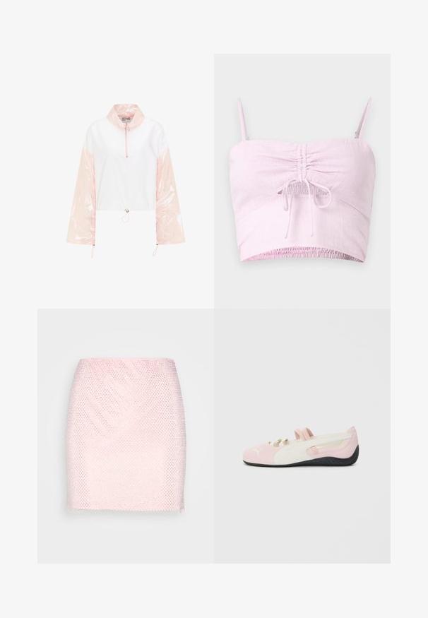 Hvid og iriserende pink pulloverjakke med høj krave, halvlange lynlås og snoretræk i kanten; lange ærmer med skinnende detaljer.; Lys pink cropped top med justerbare spaghetti-stropper, samlet frontdetalje og elastisk kant. Struktureret stof tilføjer blødhed.; Gina Tricot RHINESTONE SKIRT - Mini skirts - pink; Rosa ruskind slip-on sko med hvide detaljer, gummisål og elastiske stropper. Har et tekstureret design og et lille logo på fronten.