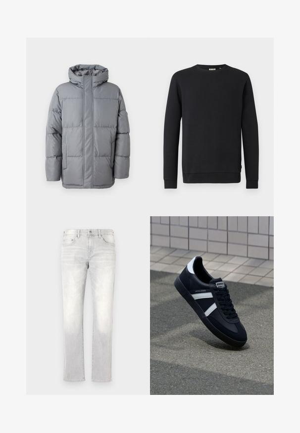 Graue wattierte Jacke mit hohem Kragen, Front-Reißverschluss und seitlichen Taschen. Verfügt über ein gestepptes Design und eine glatte, matte Textur.; Schwarzes Sweatshirt mit langen Ärmeln, Rundhalsausschnitt, gerippten Bündchen und Saum, auf weißem Hintergrund dargestellt.; Helle graue Denim-Jeans mit geradem Schnitt, subtiler Ausbleichung, Fronttaschen und einer einzelnen Gesäßtasche. Klassischer Knopf- und Reißverschluss.; Schwarze Leder-Sneaker mit weißen Streifen, strukturiertem Gummisohle und Schnürung. Verfügt über ein Markenetikett auf der Zunge.