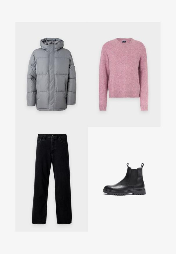 Grå polstret jakke med høj krave, front ziplukning og sidelommer. Har et quiltet design og en glat, mat tekstur.; Pink strikket sweater med rund halsudskæring, lange ærmer og ribbestrikkede ærmekanter. Blød tekstur og afslappet pasform, velegnet til afslappet brug.; Hollister Co. Baggy jeans - washed black; Sorte læder Chelsea-støvler med tekstureret finish, elastiske sidepaneler og trækflapper. Har en kraftig gummisål med mønster.