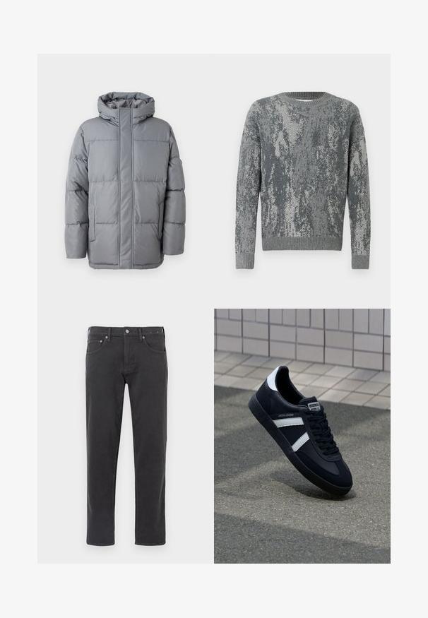 Graue wattierte Jacke mit hohem Kragen, Front-Reißverschluss und seitlichen Taschen. Verfügt über ein gestepptes Design und eine glatte, matte Textur.; Grauer Pullover mit strukturiertem Muster in verschiedenen Grautönen, Rundhalsausschnitt, langen Ärmeln sowie gerippten Bündchen und Saum.; Schwarze Denim-Jeans mit geradem Schnitt, ausgestattet mit einem Knopf- und Reißverschluss, fünf Taschen-Design und dezenten Nähdetails.; Schwarze Leder-Sneaker mit weißen Streifen, strukturiertem Gummisohle und Schnürung. Verfügt über ein Markenetikett auf der Zunge.
