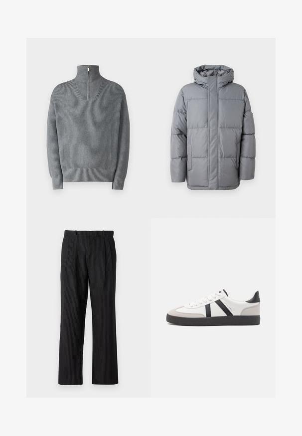 Graue wattierte Jacke mit hohem Kragen, Front-Reißverschluss und seitlichen Taschen. Verfügt über ein gestepptes Design und eine glatte, matte Textur.; Grauer gerippter Pullover mit hohem, Reißverschluss-Kragen und langen Ärmeln. Verfügt über ein strukturiertes Strickmuster, hat eine entspannte Passform und elastische Bündchen.; Jack & Jones Classic Wide Leg Fit - Stoffhose - black; Weiße Sneaker mit schwarz- und grau-aczenten, ausgestattet mit einer strukturierten grauen Zehenkappe, schwarzer Gummi-Sohle und flachen weißen Schnürsenkeln. Sauberes Design, minimalistische Stil.