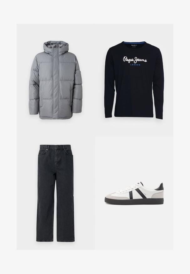 Graue wattierte Jacke mit hohem Kragen, Front-Reißverschluss und seitlichen Taschen. Verfügt über ein gestepptes Design und eine glatte, matte Textur.; Schwarzes Langarm-T-Shirt aus Baumwollstoff, mit dem weißen und blauen Logo-Text "Pepe Jeans London" centriert auf der Brust.; Dunkelblaue Denim-Hosen mit weitem Bein, Fünf-Taschen-Design und Knopfverschluss. Enthält Hardware in kupferfarbener Ausführung und eine subtile Textur.; Weiße Sneaker mit schwarz- und grau-aczenten, ausgestattet mit einer strukturierten grauen Zehenkappe, schwarzer Gummi-Sohle und flachen weißen Schnürsenkeln. Sauberes Design, minimalistische Stil.