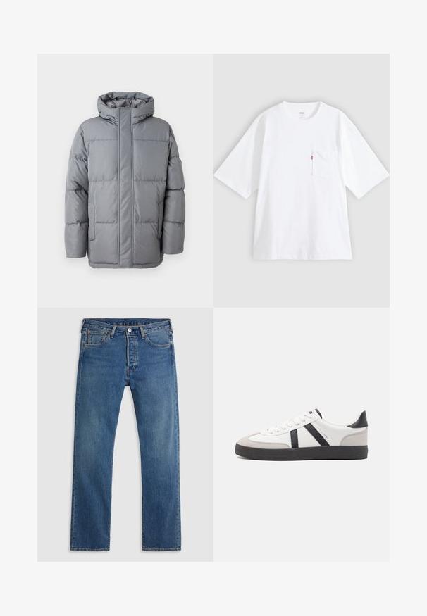 Graue wattierte Jacke mit hohem Kragen, Front-Reißverschluss und seitlichen Taschen. Verfügt über ein gestepptes Design und eine glatte, matte Textur.; Weißes Baumwoll-T-Shirt mit kurzen Ärmeln, rundem Ausschnitt und Brusttasche auf der linken Seite. Mit kleinem rotem Logotag an der Tasche.; Blaue geradlinige Jeans aus Denim mit fünf Taschen, Gürtelschlaufen sowie einem Verschluss mit Knopf und Reißverschluss auf einem schlichten Hintergrund.; Weiße Sneaker mit schwarz- und grau-aczenten, ausgestattet mit einer strukturierten grauen Zehenkappe, schwarzer Gummi-Sohle und flachen weißen Schnürsenkeln. Sauberes Design, minimalistische Stil.