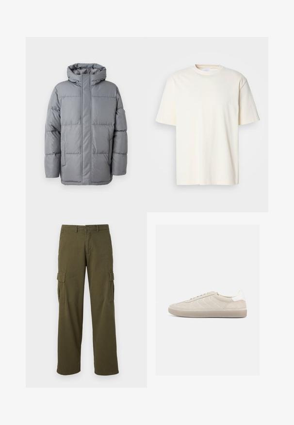 Grå polstret jakke med høj krave, front ziplukning og sidelommer. Har et quiltet design og en glat, mat tekstur.; Lys off-white kortærmet T-shirt med rund hals, unisex design, præsenteret på en neutral grå baggrund.; Olivengrønne cargo-bukser med lige ben-design, der har sidelommer, knaplukning og et holdbart stof.; Beige ruskindssneaker med en tekstureret overdel, glat hvid hælkappe, tynde snørebånd og en gummi-ydersål. Har et lavt profil design.