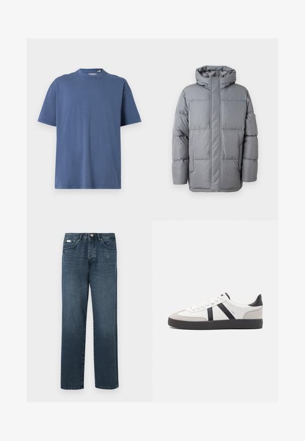 Graue wattierte Jacke mit hohem Kragen, Front-Reißverschluss und seitlichen Taschen. Verfügt über ein gestepptes Design und eine glatte, matte Textur.; Blaues T-Shirt mit kurzen Ärmeln aus weicher Baumwolle, featuring einen Rundhalsausschnitt und einen lässigen Schnitt, mit minimalen Nähedetails.; Dunkelblaue Jeans aus Denim mit geradem Schnitt, fünf Taschen, Gürtelschlaufen und Reißverschluss. Glatte Textur mit dezenten Ausbleichungen.; Weiße Sneaker mit schwarz- und grau-aczenten, ausgestattet mit einer strukturierten grauen Zehenkappe, schwarzer Gummi-Sohle und flachen weißen Schnürsenkeln. Sauberes Design, minimalistische Stil.