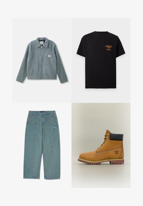 Veste grise en mélange de laine avec une fermeture éclair à l'avant, un col pointu, deux poches latérales et une petite poche sur la poitrine avec une étiquette de marque.; T-shirt noir à manches courtes avec petit texte marron "Carhartt WIP Coffee" sur la partie gauche de la poitrine.; Pantalons en denim bleu clair, non usés, avec une coupe droite, comportant des poches avant et un logo brodé discret près de la taille.; Bottine en cuir marron avec col noir, lacets jaunes et semelle beige. Présente un logo et des détails de couture blanche. Semelle extérieure à traction robuste.