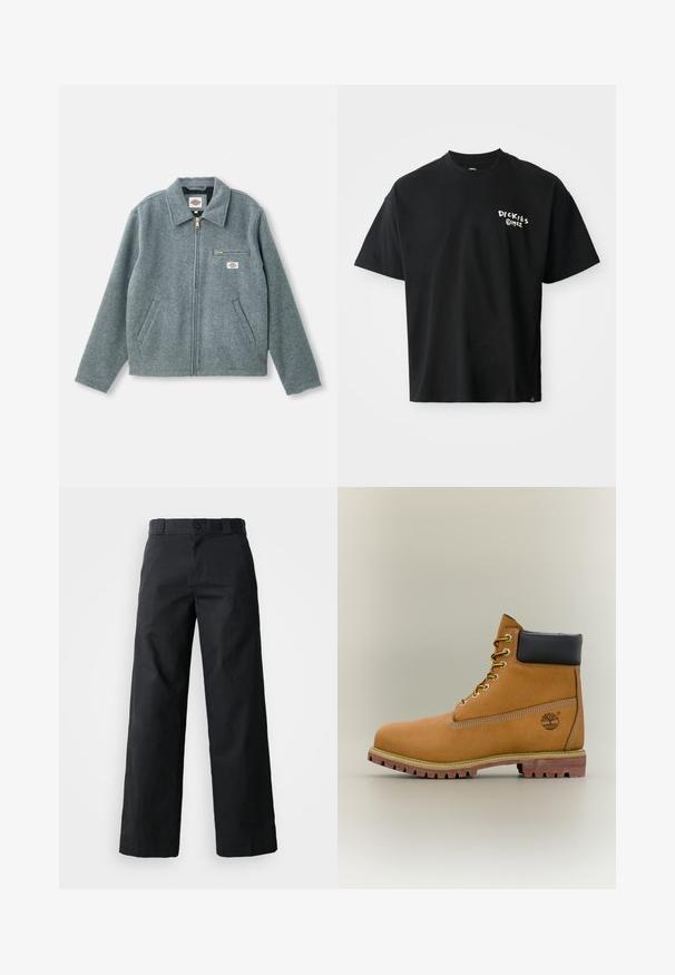 Grijze wolmix jack met een rits aan de voorkant, puntige kraag, twee zijzakken en een klein borstzakje met een merklabel.; Zwarte t-shirt met korte mouwen van katoen met een losse pasvorm. Voorzien van een witte 'Dickies' logo op de voorkant. Ronde halslijn, effen kleur.; Zwarte wijde broek van katoen. Voorzien van een knoopsluiting, riemlussen en zijzakken. Gladde textuur met een op maat gemaakte snit.; Bruine leren enkellaars met zwarte kraag, gele veters en een zandkleurige zool. Voorzien van een logo en witte stikseldetails. Robuuste loopzool met grip.