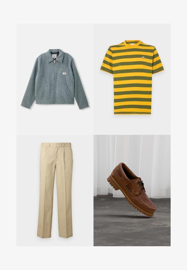 Veste grise en mélange de laine avec une fermeture éclair à l'avant, un col pointu, deux poches latérales et une petite poche sur la poitrine avec une étiquette de marque.; T-shirt à manches courtes à rayures horizontales jaunes et vertes, avec un col rond et un petit logo sur la poitrine. Matière en coton.; Pantalon droit beige avec passants de ceinture, plis devant et poches latérales sur un fond uni.; Chaussure de bateau en cuir marron avec des lacets noirs, des coutures beiges et une semelle robuste, suspendue au-dessus d'un sol en béton gris.