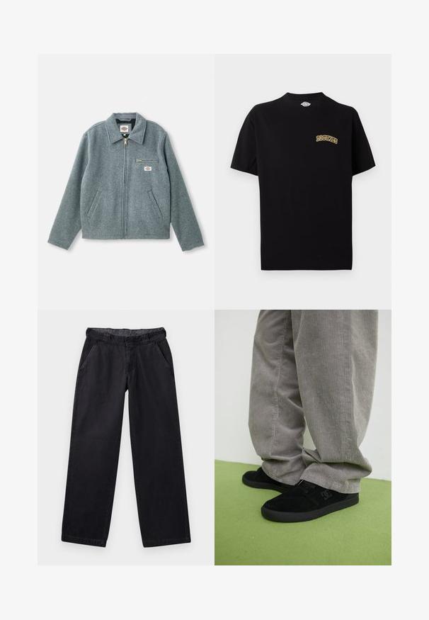 Grå uldblandet jakke med lynlås foran, spids krave, to sidelommer og en lille brystlomme med et mærketikette.; Sort T-shirt med korte ærmer og rund halsudskæring med lille gult "Dickies"-logo på venstre bryst.; Sorte brede bukser lavet af kraftigt stof, med en flad talje, to sidelommer og en glat overflade.; Sorte ruskind skate sko med en struktureret finish og et logo, parret med grå cordurypants med en ribbet tekstur. Grøn gulvoverflade.