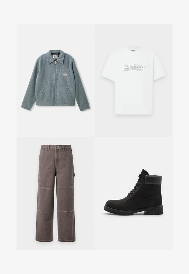 Grijze wolmix jack met een rits aan de voorkant, puntige kraag, twee zijzakken en een klein borstzakje met een merklabel.; Witte T-shirt met korte mouwen en "Dickies"-logo in zwarte contouren op de borst, effen achtergrond.; Wijd been broek in een vervaagde bruine kleur, gemaakt van duurzaam materiaal met contrasterende stiksels. Kenmerkt paneeldetails en een zijzak.; Zwarte enkellaars met vetersluiting, voorzien van een gevoerde kraag en een robuuste zool, weergegeven in profiel tegen een witte achtergrond.