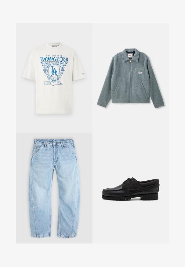 Chaqueta de mezcla de lana gris con cierre de cremallera en el frontal, cuello puntiagudo, dos bolsillos laterales y un pequeño bolsillo en el pecho con una etiqueta de marca.; Camiseta de algodón blanca con texto gráfico azul "LOS ANGELES DODGERS" y "SINCE 1958" con acentos florales y el logo "LA" en el centro.; Vaqueros de mezclilla azul claro con un corte holgado, cierre frontal con botón y cremallera, bolsillos delanteros inclinados y trabillas para cinturón.; Zapato negro con parte superior de cuero, acentos de textil, cordones redondos y suela de goma texturizada. Presenta costura de mocasín y detalle de marca.