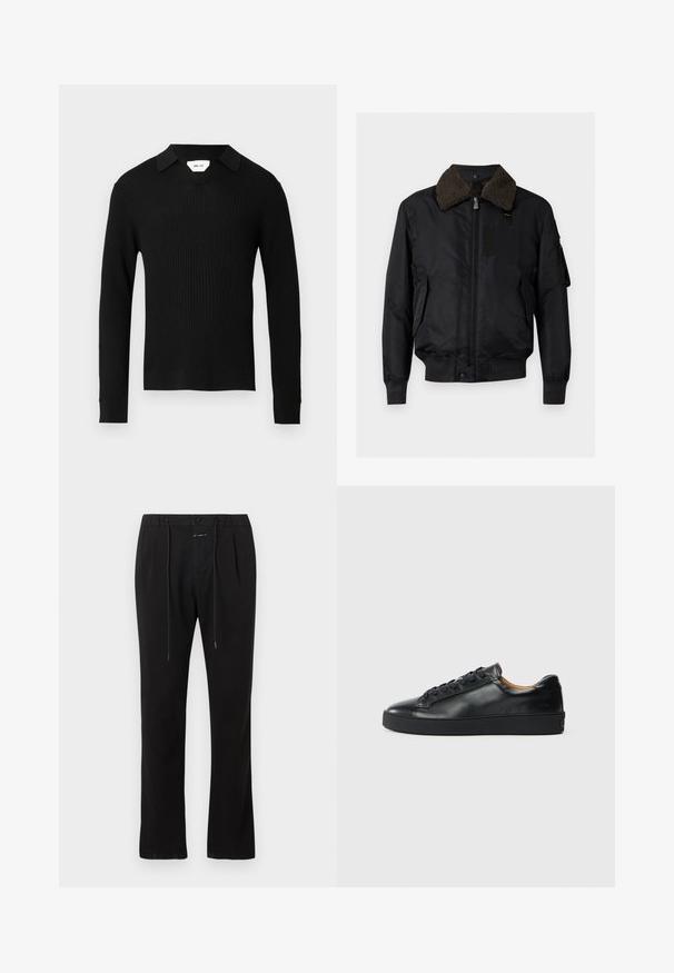 Μαύρο bomber μπουφάν με μαλακό καφέ shearling γιακά, φερμουάρ μπροστά, δύο πλαϊνές τσέπες και ριμπ μανσέτες και τελείωμα.; Μαύρο πλεκτό πουλόβερ με μακριά μανίκια, V-λαιμόκοψη και γιακά. Το ύφασμα διαθέτει υφή με ανάγλυφη επιφάνεια, τονίζοντας τον κομψό του σχεδιασμό.; Μαύρο παντελόνι ίσιας γραμμής με πιέτες μπροστά, κούμπωμα με κουμπί και φερμουάρ, και κορδόνι στη μέση.; Μαύρο δερμάτινο αθλητικό παπούτσι με λεία υφή, στρογγυλή μύτη και κορδόνια. Διαθέτει παχιά καουτσούκ σόλα και ελάχιστες λεπτομέρειες branding.