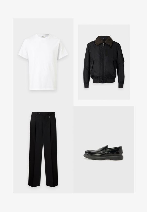 Blouson bomber noir avec col en shearling marron doux, fermeture éclair frontale, deux poches latérales et poignets et ourlet côtelés.; T-shirt blanc à manches courtes avec col rond, étiquette "Sandro" visible à l'intérieur du col, présenté sur un fond uni.; Pantalon noir plissé avec fermeture à boutons, en tissu lisse. Comprend deux poches avant et deux clips métalliques décoratifs. Coupe cintrée.; Mocassin en cuir noir avec une finition brillante, bout arrondi, détails de couture subtils et semelle en caoutchouc épaisse pour la durabilité.