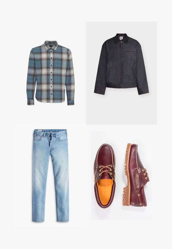 Veste zippée gris foncé avec col, deux poches latérales et une poche horizontale sur la poitrine, présentée sur un fond blanc.; Chemise à manches longues à carreaux, présentant des couleurs bleue, blanche et marron. Fabriquée en tissu doux avec un col standard et une fermeture à boutons.; Jean en denim bleu clair avec une coupe droite, doté de cinq poches, de passants pour ceinture et d'une fermeture à boutons.; Chaussures en cuir bourgogne avec semelles en caoutchouc marron, bout rond, couture blanche et œillets dorés. L'intérieur présente une doublure jaune.