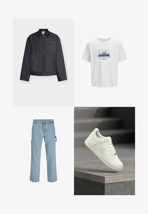 Dunkelgraue Jacke mit Reißverschluss und Kragen, zwei Seitentaschen und einer horizontalen Brusttasche, vor weißem Hintergrund dargestellt.; Weißes Baumwoll-T-Shirt mit einer quadratischen Grafik einer Stadtsilhouette, darunter der Text "Originals Studio". Bequeme Passform, kurze Ärmel.; Hellblaue Denim-Cargo-Hosen mit entspannter Passform, ausgestattet mit seitlichen Befestigungsschlaufen und Fronttaschen, die eine ausgewaschene Textur aufweisen.; Weißer Ledersneaker mit niedrigem Profil, strukturierter Oberfläche, Perforationen an der Spitze und silbernen Akzenten an den Schnürsenkeln und dem Branding.