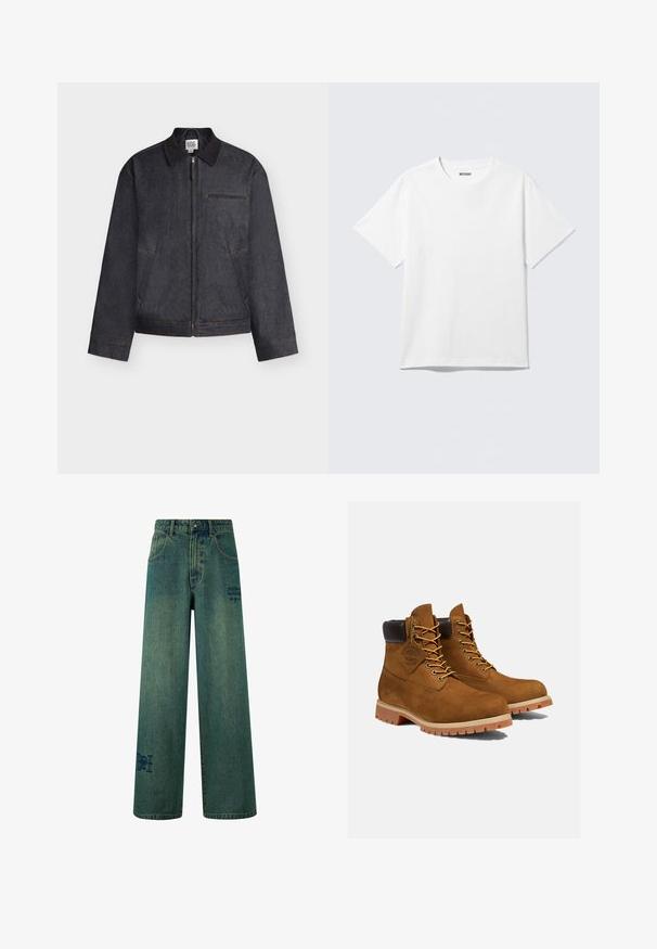 Chaqueta gris oscuro con cierre de cremallera, cuello, dos bolsillos laterales y un bolsillo horizontal en el pecho, mostrada sobre un fondo blanco.; Camiseta blanca de manga corta con cuello redondo, colocada plana, diseño liso, con etiqueta "WEEKDAY" en el interior del cuello sobre un fondo claro.; Jeans de pierna ancha en denim azul oscuro con una sutil textura desgastada. Con bolsillos traseros y un detalle decorativo de logo.; Botines de ante marrón con un cuello acolchado negro, ojales dorados y suela de goma gruesa con un patrón de tacos para mayor tracción.