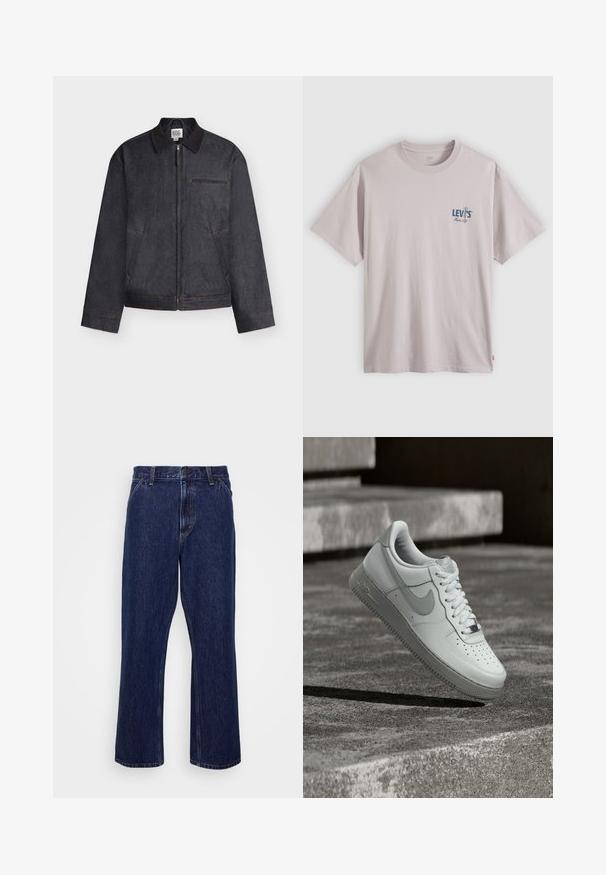 Mørkegrå lynlåstrøje med krave, to sidelommer og en vandret brystlomme, vist mod en hvid baggrund.; Lyse beige Levi's t-shirt med korte ærmer, rund hals og lille blå "Levi's Music City" tekst og guitar grafik på venstre bryst.; Mørkeblå denim jeans med lige ben-design, der har knaplukning, fem lomme-stil og diskrete syninger.; Hvid Nike Air Force 1 sneaker, der svæver over en tekstureret betongulv med stenetrin i baggrunden.