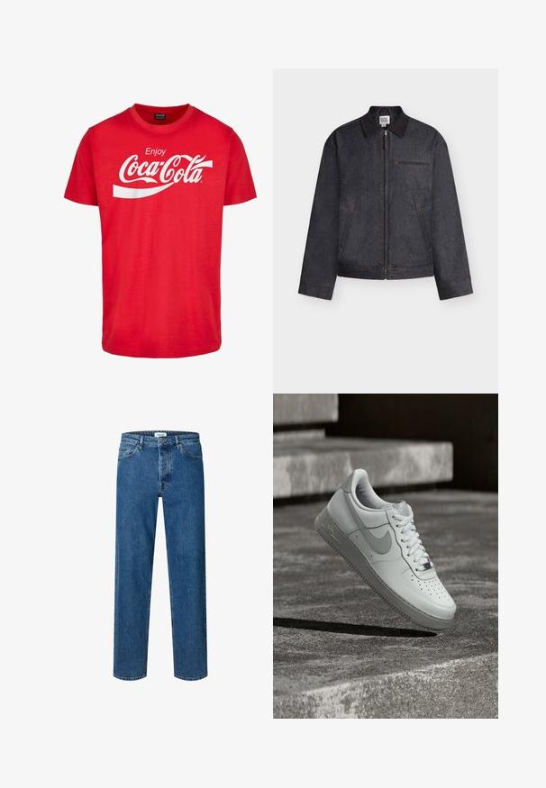 Donkergrijs jack met ritssluiting, een kraag, twee zijzakken en één horizontale borstzak, getoond tegen een witte achtergrond.; Rode katoenen T-shirt met korte mouwen, voorzien van een witte "Coca-Cola"-logo en een golvend ontwerp op de borst. Klassieke ronde halsstijl.; Blauwe straight-leg denim jeans met knoop- en ritssluiting, ceintuurlussen en een vijfzakkenontwerp.; Witte Nike Air Force 1 sneaker zwevend boven een geribbelde betonnen ondergrond met stenen traptreden op de achtergrond.