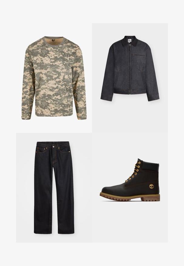 Donkergrijs jack met ritssluiting, een kraag, twee zijzakken en één horizontale borstzak, getoond tegen een witte achtergrond.; Langermig shirt in een digitaal camouflagemodel met tinten groen en beige, met een ronde halslijn en een zachte textuur.; Heren straight-leg zwarte denim jeans met vijf zakken en oranje stiksels, knoop- en ritssluiting op de voorkant van de tailleband.; Zwarte leren enkellaars met gouden oogjes, bruine accenten en een rubberen zool. Heeft een gevoerde kraag en geperst logo aan de zijkant.
