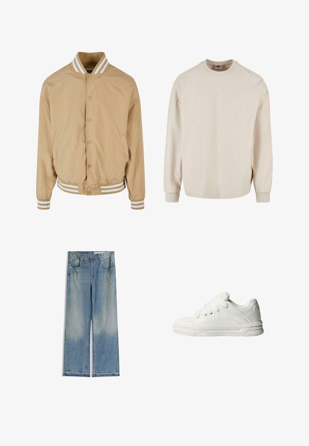 Veste bomber beige clair avec fermeture à boutons-pression, col et poignets côtelés à rayures blanches, et poches latérales. Tissu lisse et légèrement brillant.; Sweatshirt beige à manches longues avec un col rond, présentant des épaules tombantes et des poignets côtelés. Texture douce et coupe décontractée.; Jean large en denim bleu clair avec un délavage, comportant deux poches avant, une fermeture par bouton et une coupe droite avec des ourlets nets.; Baskets blanches avec un extérieur en cuir lisse, une languette rembourrée, des lacets plats et des accents texturés sur les côtés et le talon.