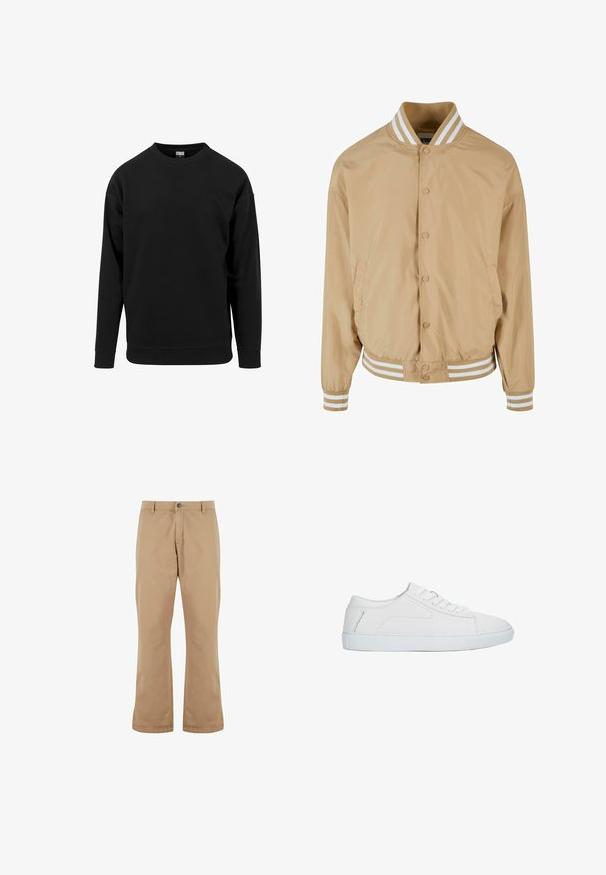 Hellbeige Bomberjacke mit Druckknopfverschluss, geripptem, weiß gestreiften Kragen und Manschetten sowie seitlichen Taschen. Glattes, leicht glänzendes Material.; Schwarzes Sweatshirt aus weichem Stoff. Verfügt über einen runden Halsauschnitt, lange Ärmel und gerippte Bündchen sowie einen Saum. Einfaches, unauffälliges Design.; Beige Baumwollhosen mit geradem Schnitt, ausgestattet mit einem Knopfverschluss, Vordertaschen und einer glatten Textur.; Weißer niedriger Sneaker mit Schnürdesign, glattem Lederobermaterial und flacher Gummisohle, seitlich auf weißem Hintergrund dargestellt.