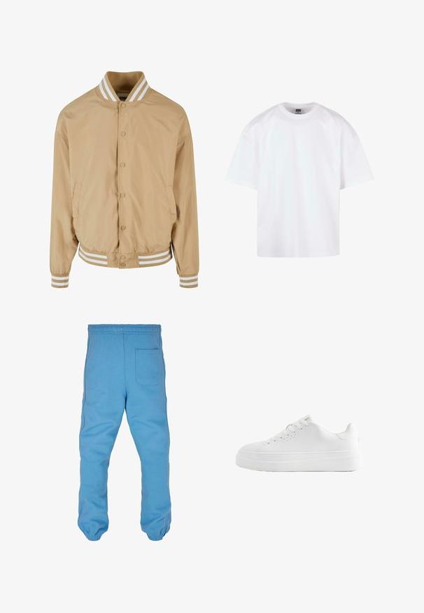 Hellbeige Bomberjacke mit Druckknopfverschluss, geripptem, weiß gestreiften Kragen und Manschetten sowie seitlichen Taschen. Glattes, leicht glänzendes Material.; Weißes T-Shirt mit kurzen Ärmeln und Rundhalsausschnitt, aus Baumwollmaterial, mit lockerem Schnitt und minimalen Nahtdetails.; Helle blaue Sweatpants aus weichem Baumwollmaterial. Sie verfügen über einen elastischen Bund, tapered Beinsäume und eine Taschen hinten.; Weißer Sneaker mit niedrigem Schnitt, dicker Sohle, Schnürung vorne und kleinen Belüftungslöchern an der Seite, seitlich abgebildet.
