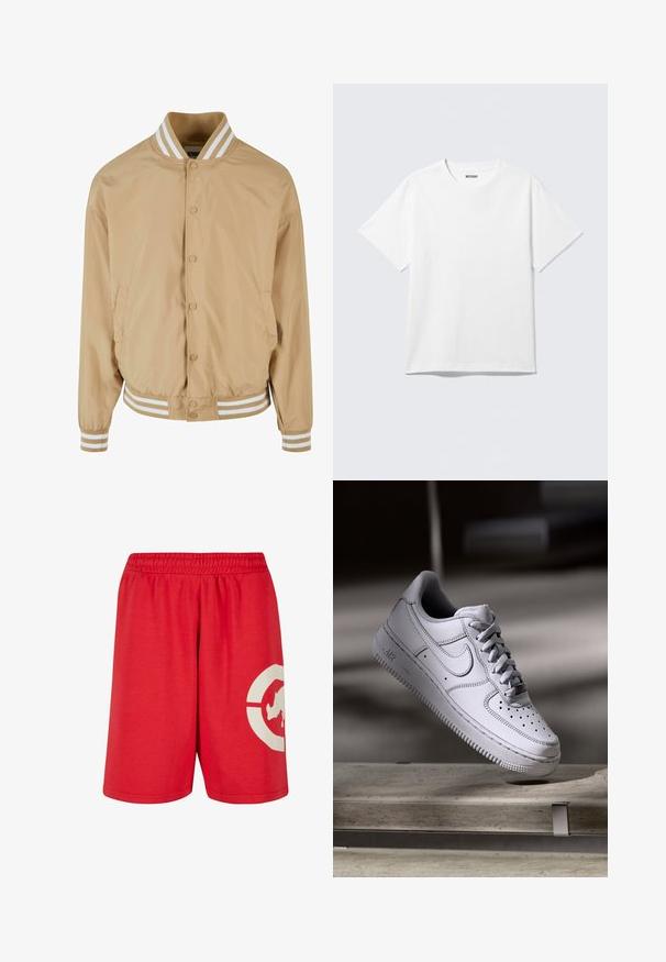 Veste bomber beige clair avec fermeture à boutons-pression, col et poignets côtelés à rayures blanches, et poches latérales. Tissu lisse et légèrement brillant.; T-shirt blanc à manches courtes et col rond, étalé à plat, design uni, avec l'étiquette "WEEKDAY" à l'intérieur du col sur un fond clair.; Shorts rouges à taille élastique avec un grand cercle blanc et un motif silhouette de chien sur le bas de la jambe droite.; La basket Nike Air Force 1 en cuir blanc présente un embout perforé, des lacets plats et une semelle en caoutchouc texturée avec le logo « AIR » sur le côté.
