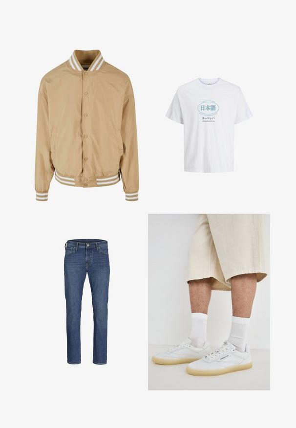 Lys beige bomberjakke med trykknaplukning, ribbet hvid stribet krave og manchetter samt sidelommer. Glat, let skinnende stof.; Hvid bomulds t-shirt i en afslappet pasform, med blå tekst på flere sprog og et ovalt grafisk motiv i midten.; Herre blå denim jeans med lige ben-design, fem lommers styling og klassisk knap- og lynlåslukning.; Hvide lædersneakers med gummisåler, der har perforerede detaljer, snørebånd og et logo på tungen. Båret med hvide ankelsokker og beige shorts.