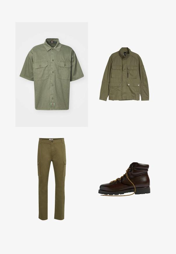 Chaqueta de estilo militar verde oliva con cuatro bolsillos delanteros con solapa, cierres de cremallera y broches, y cuello mao.; Camisa de manga corta de color verde oliva, hecha de un tejido texturizado, con cuello tipo polo, dos bolsillos frontales y una pequeña etiqueta de marca en el dobladillo.; Pantalones cargo verdes con corte recto, que presentan dos bolsillos laterales, un cierre de botón y detalles de costura en la superficie de la tela.; Botas de senderismo de cuero marrón con punta redondeada, superficie texturizada, cordones amarillos y ojales de metal. Cuentan con una suela de goma negra resistente.