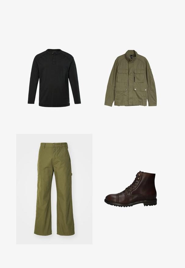 Olivengrøn militærjakke med fire frontlommer med klap, lynlås og trykknaplukninger samt en opretstående krave.; Sort langærmet Henley-skjorte med tre knapper og rund halsudskæring, ensfarvet design og lige kant.; Oliven grønne bukser med bred ben, lavet af slidstærkt stof, med knaplukning, sidelommer og lige kantdesign.; Mørkebrun læder snørebånd ankelstøvle med robuste gummisål og metaløjer, set fra den ydre side.